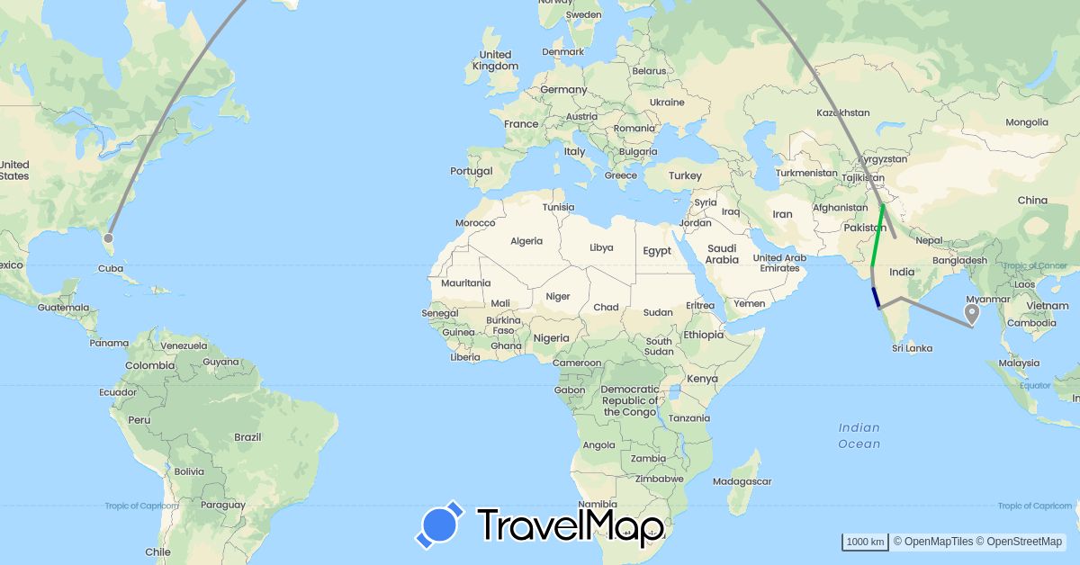 TravelMap itinerary: driving, bus, plane in India, United States (Asia, North America)
